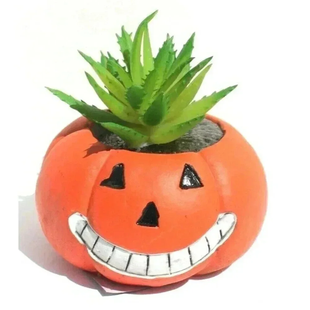NEW Orange Happy Smiling Halloween Pumpkin Ceramic Planter Plot W/ Succulents